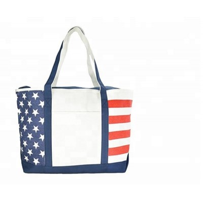 Personalized Economic Folding Extra Large Design Cotton Canvas Cloth Fabric Recycle Tote Navy Blue Red Stripe Shopping Bag